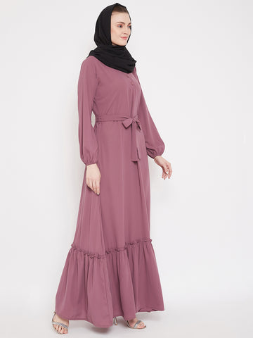 Nabia Puse Pink Solid Frill Abaya Dress for Women with Georgette Scarf