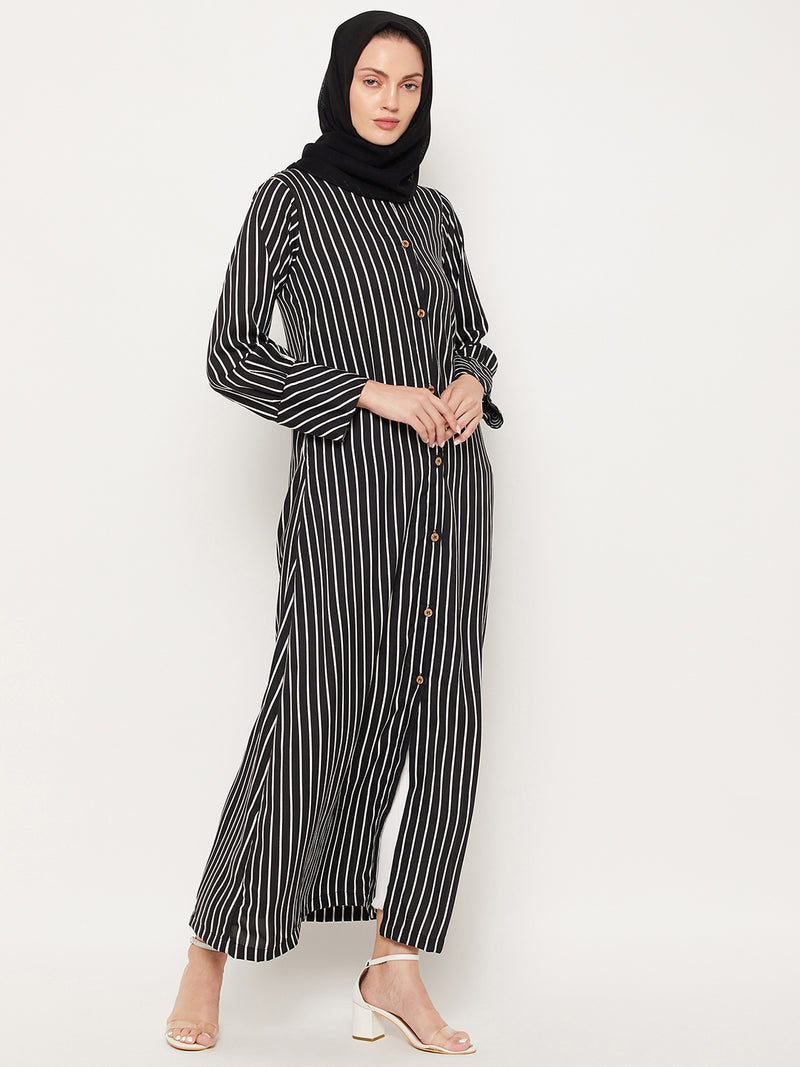 Nabia Black Striped Crape Front Open Women Abaya With Georgette Scarf