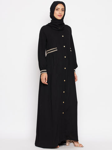 Nabia Women Black Embroidery Nida Matte Long Sleeves Abaya With Georgette Scarf