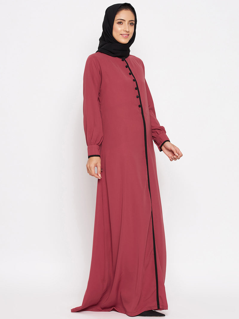 Nabia Women Rust Solid Piping Design Abaya Burqa With Georgette Scarf