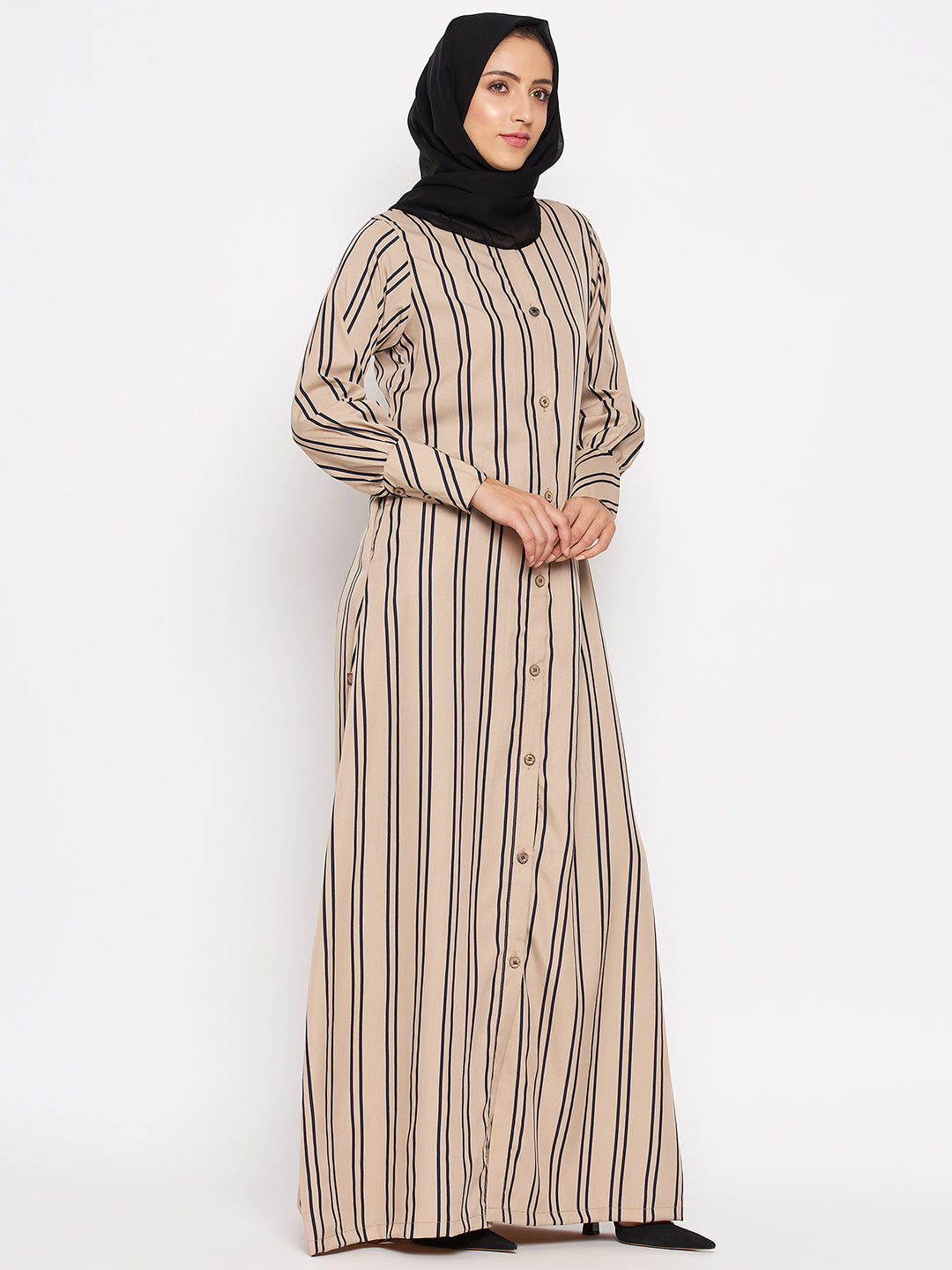 Nabia Women Beige Front Open Striped Abaya With Georgette Scarf