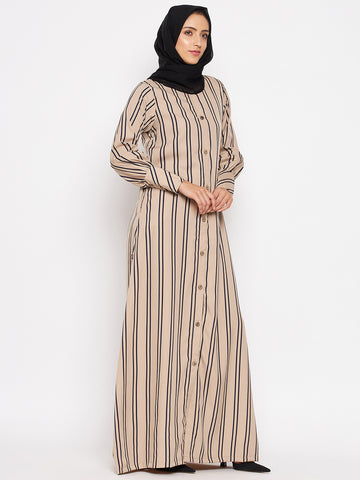 Nabia Women Beige Front Open Striped Abaya With Georgette Scarf
