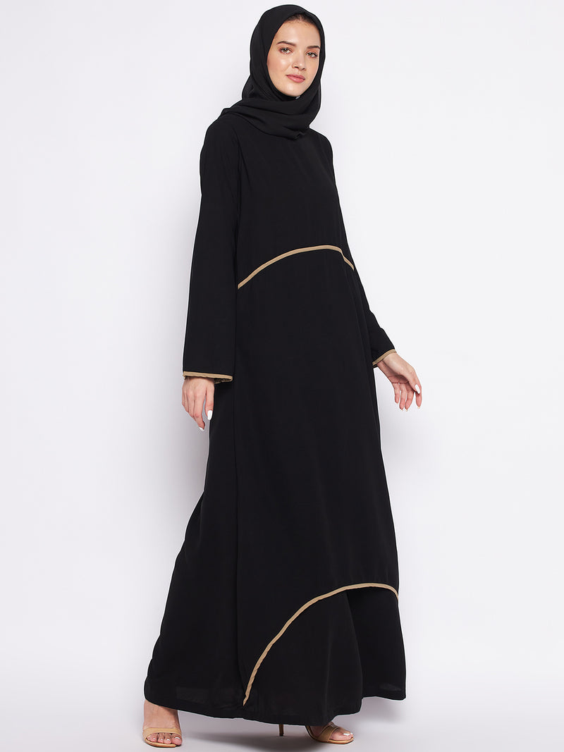 Nabia Black Nida Matte Fabric Piping Design Double Layer Abaya For Women With Georgette Scarf
