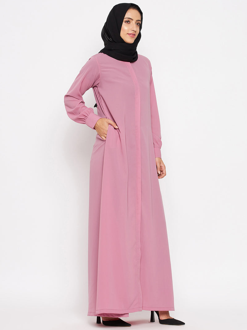 Nabia Women Fuse Pink Solid Front Open Abaya With Georgette Scarf