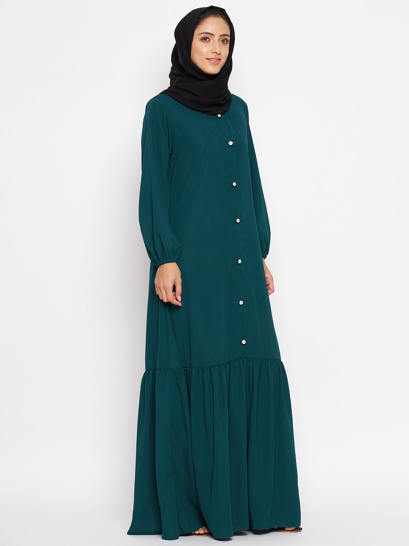 Nabia Women Bottle Green Solid Frill Abaya Burqa With Georgette Scarf