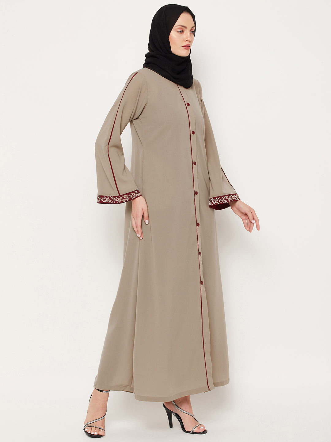 Nabia Beige Front Open Embroidery Work Women Abaya with Georgette Scarf