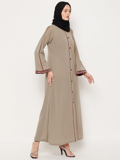 Nabia Beige Front Open Embroidery Work Women Abaya with Georgette Scarf