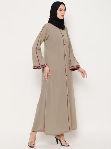 Nabia Beige Front Open Embroidery Work Women Abaya With Georgette Scarf