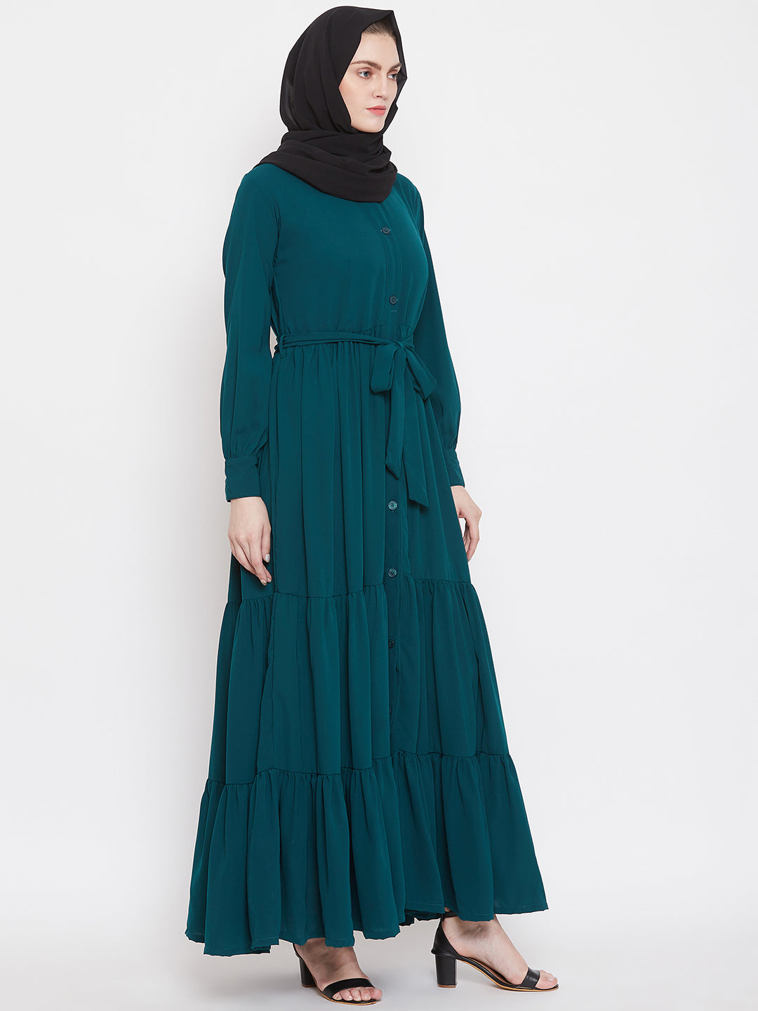 Nabia Women Bottle Green Solid Front Open Three Frilled Abaya  With Georgette Scarf