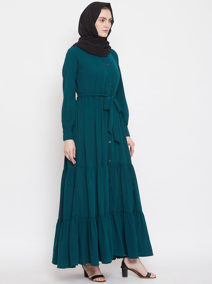 Nabia Women Bottle Green Solid Front Open Three Frilled Abaya  With Georgette Scarf