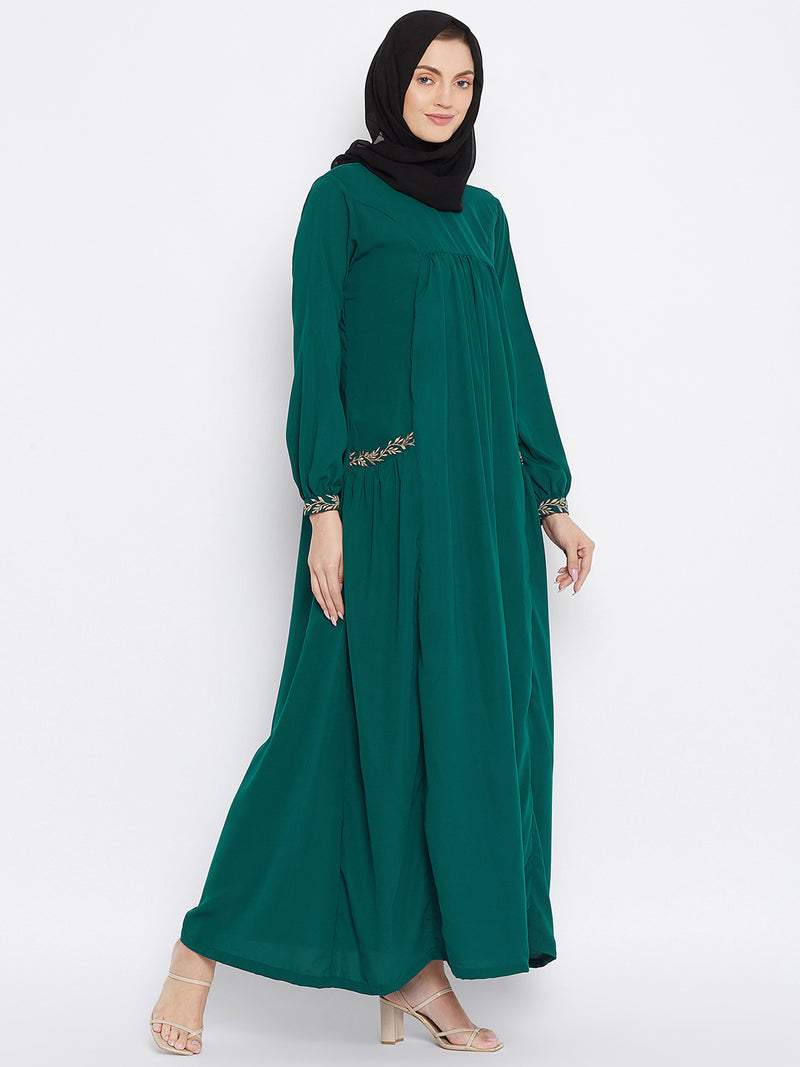 Nabia Women Bottle Green Pocket Embroidery Nida Matte Fabric Abaya with Georgette Scarf