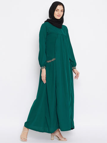 Nabia Women Bottle Green Pocket Embroidery Nida Matte Fabric Abaya with Georgette Scarf