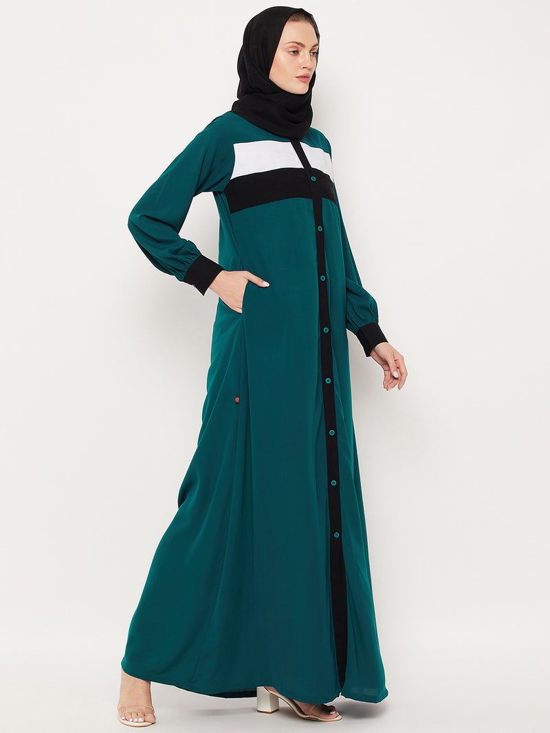 Nabia Bottle Green Nida Matte Three Color Design Abaya With Georgette Scarf