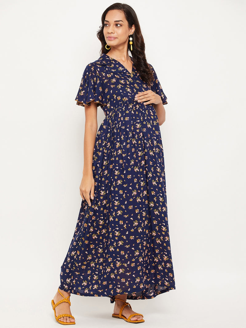 Blue Floral Printed Maternity Dress for Women