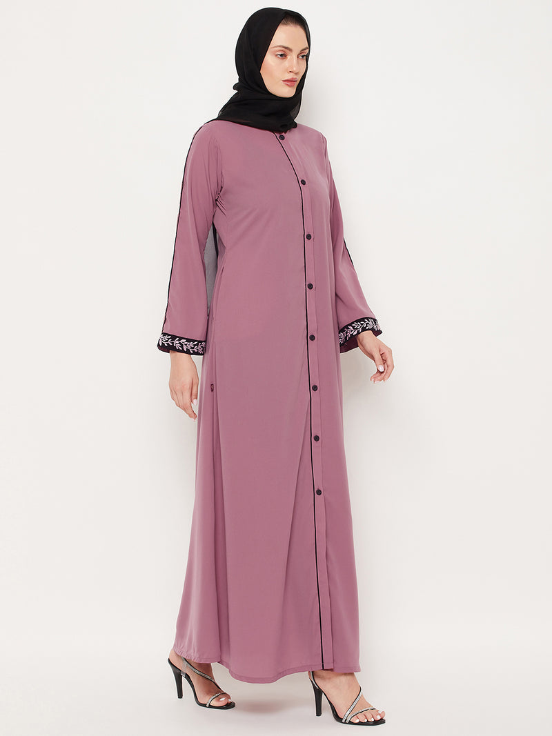 Nabia Puce Pink Nida Matte Fabric Embroidery Work Women Abaya With Georgette Scarf