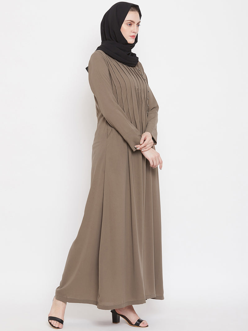 Nabia Women Oat Solid Side Plate Abaya Dress With Georgette Scarf