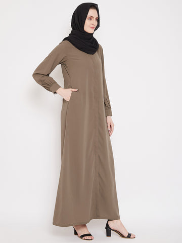 Nabia Women Oat Solid Front Open Abaya With Georgette Scarf