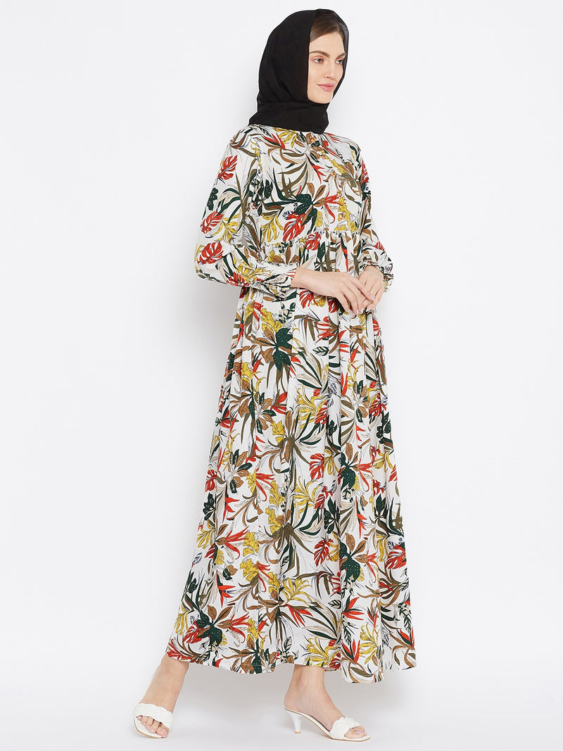 Nabia Women Off White Floral Printed Crepe Abaya Dress With Georgette Scarf
