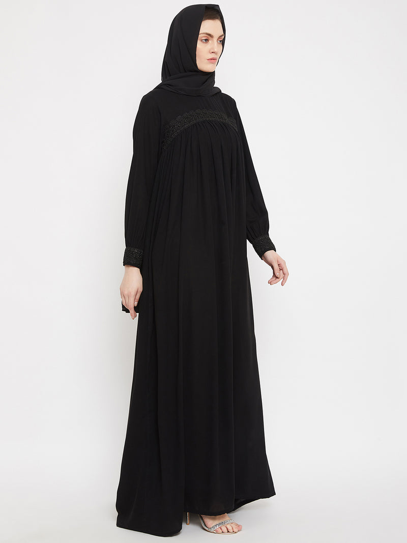 Nabia Women Black Solid Lace Maxi Abaya Dress With Georgette Scarf