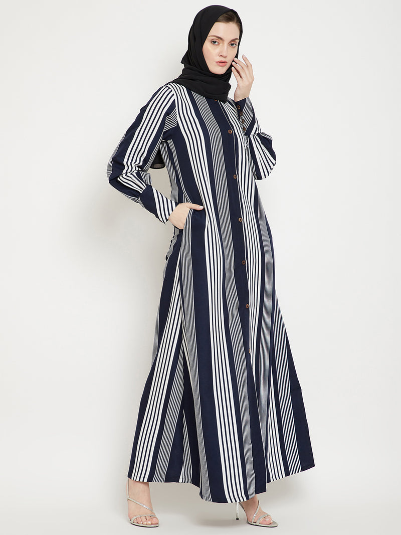 Nabia Women Blue Front Open Striped Crepe Fabric Abaya With Georgette Scarf