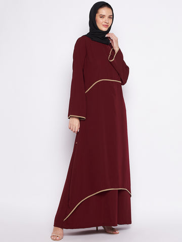 Nabia Maroon Nida Matte Fabric Piping Design Double Layer Abaya For Women With Georgette Scarf