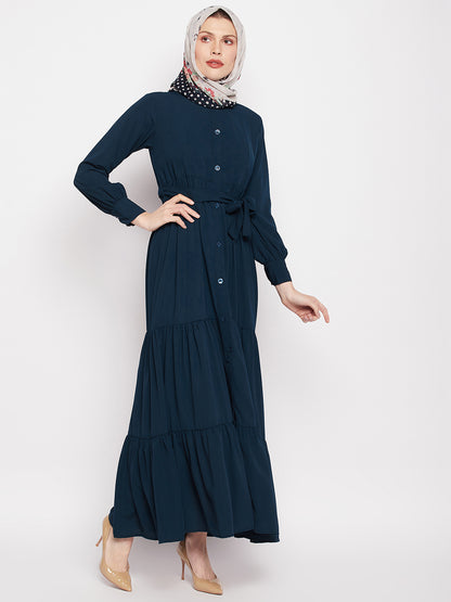Nabia Women Teal Solid Frill Abaya Burqa with Black Georgette Scarf