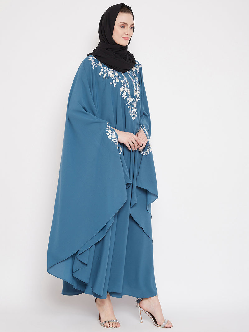 Nabia Women Sky Blue Irani Kaftan Abaya Enhanced With Chikan Hand Embroidered With Georgette Scarf