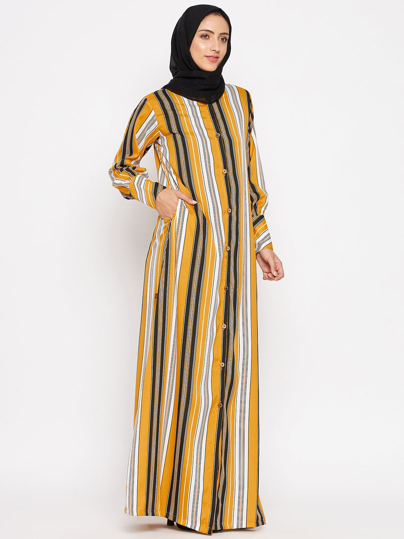 Nabia Women Yellow And Black Front Open Striped Abaya With Georgette Scarf