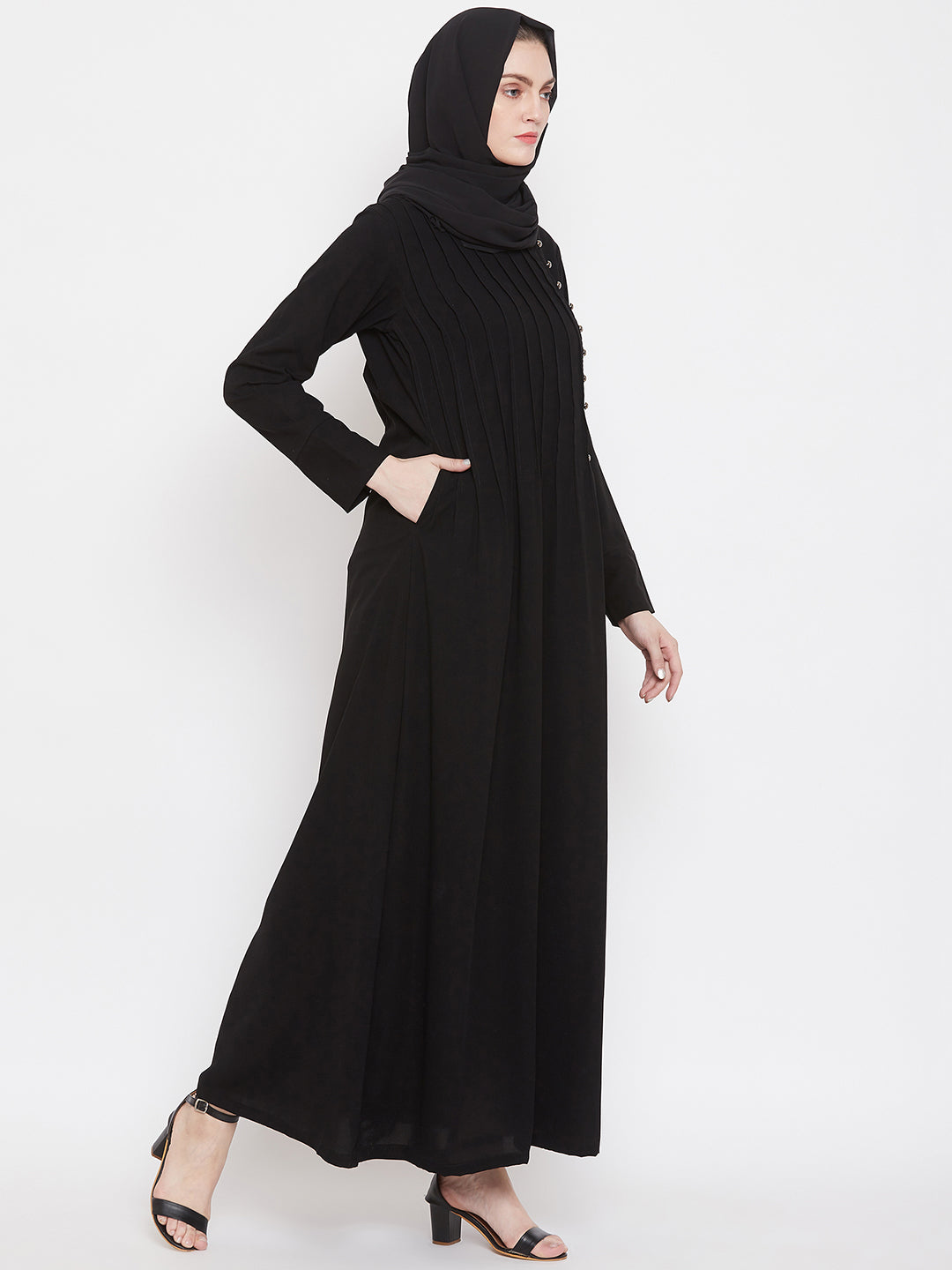 Nabia Women Black Solid Side Plate Abaya Dress With Georgette Scarf