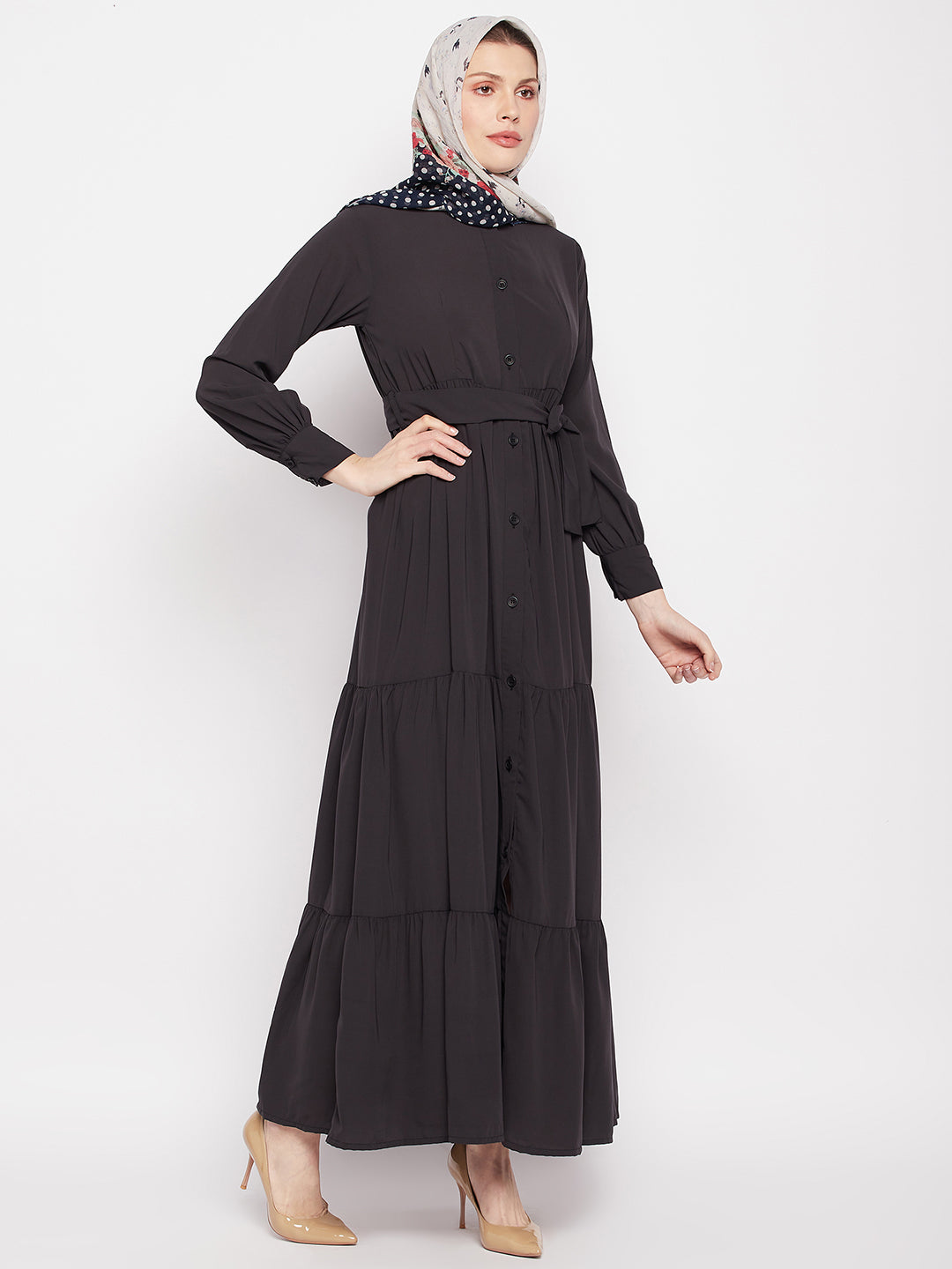 Nabia Women Olive Black Solid Frilled Nida Matte Fabric Abaya Burqa With Black Georgette Scarf