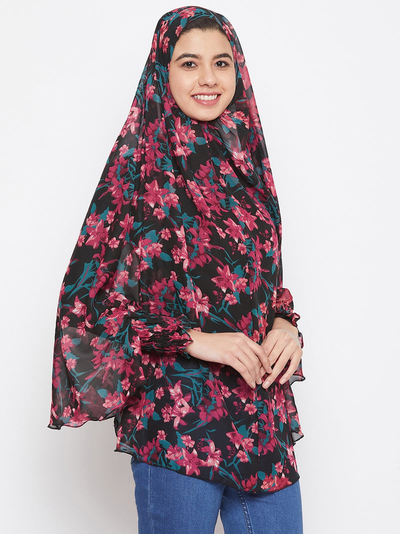 Nabia Women Black Floral Printed  Khimar Hijab