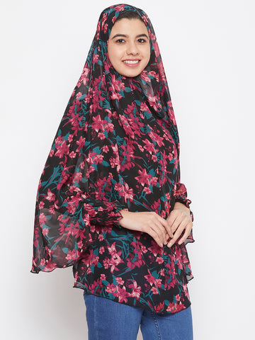 Nabia Women Black Floral Printed  Khimar Hijab