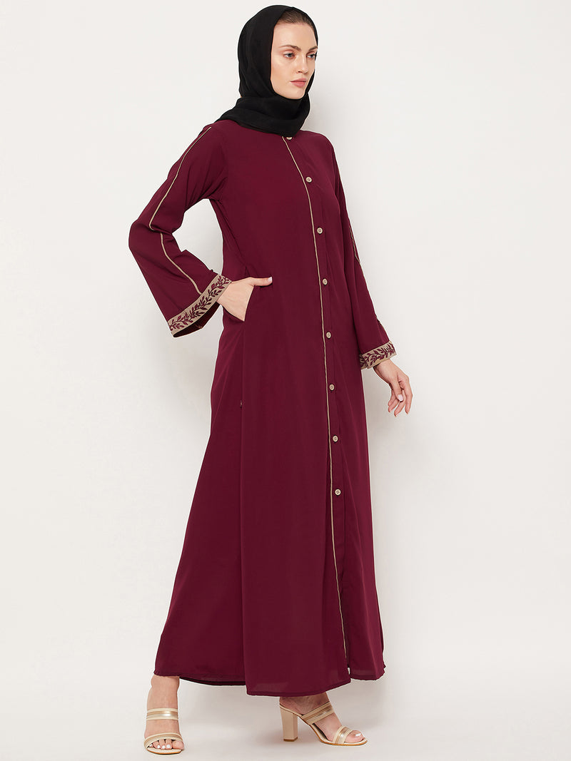 Nabia Maroon Nida Matte Fabric Embroidery Work Women Abaya With Georgette Scarf