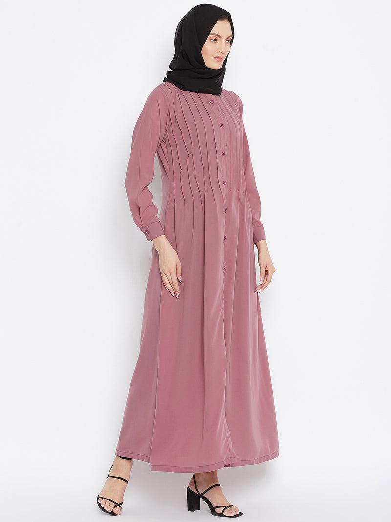 Nabia Women Pink Solid Nida Matte Front Open Plat Design Abaya With Georgette Scarf