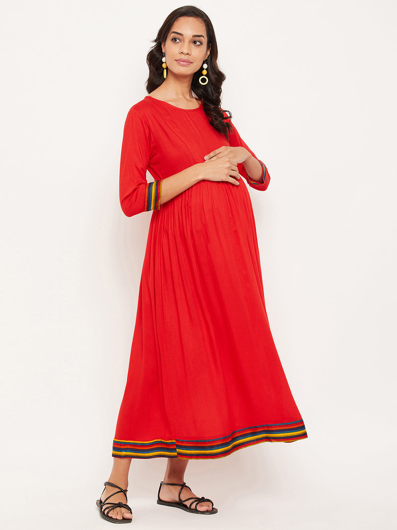 Maternity Solid Red Dress for Women
