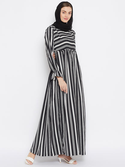 Nabia Women Black Solid Stripe Crepe Abaya Dress With Georgette Scarf
