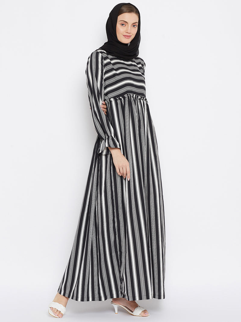 Nabia Women Black Solid Stripe Crepe Abaya Dress With Georgette Scarf
