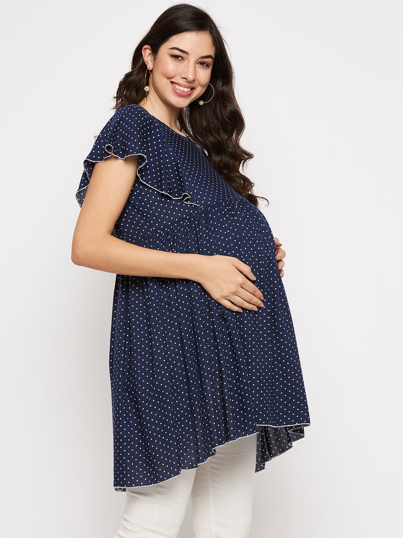 Nabia Women Blue and White Polka Printed  Maternity & Nursing Dress
