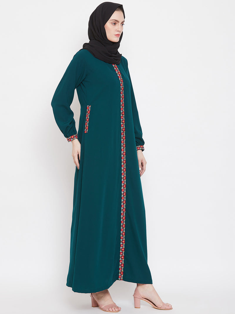 Nabia Women Green Chikan Hand Embroidery Nida Matte Fabric Abaya with Georgette Scarf