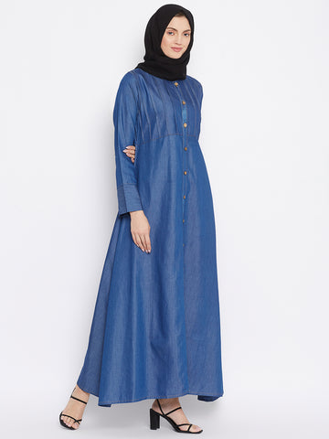 Nabia Women Blue Solid Denim Abaya With Georgette Scarf