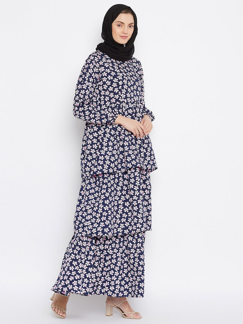 Nabia Women Blue Floral Printed Crepe Three Frill Abaya Dress With Georgette Scarf