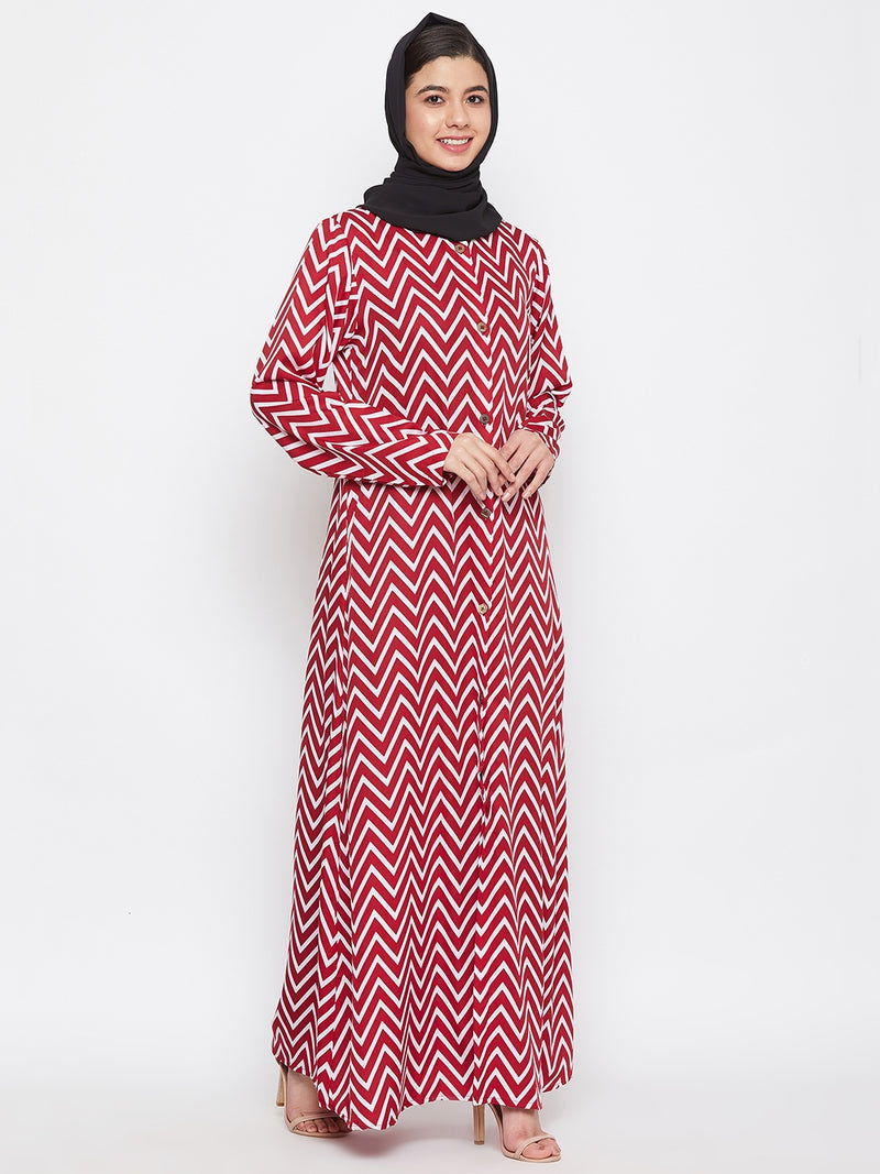 Nabia Women Red & White Printed Crepe Front Open Abaya Dress With Georgette Scarf