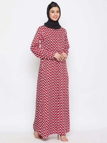 Nabia Women Red & White Printed Crepe Front Open Abaya Dress With Georgette Scarf