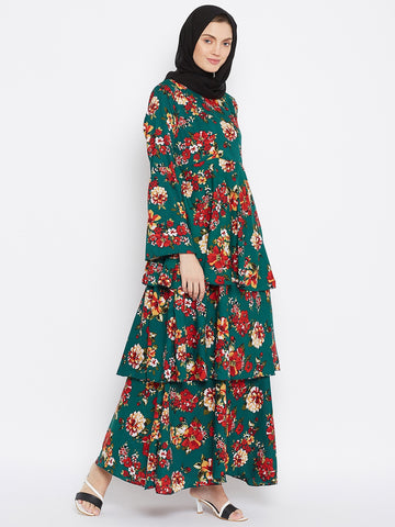 Nabia Women Bottle Green Floral Printed Crepe Three Frill Abaya Dress With Georgette Scarf