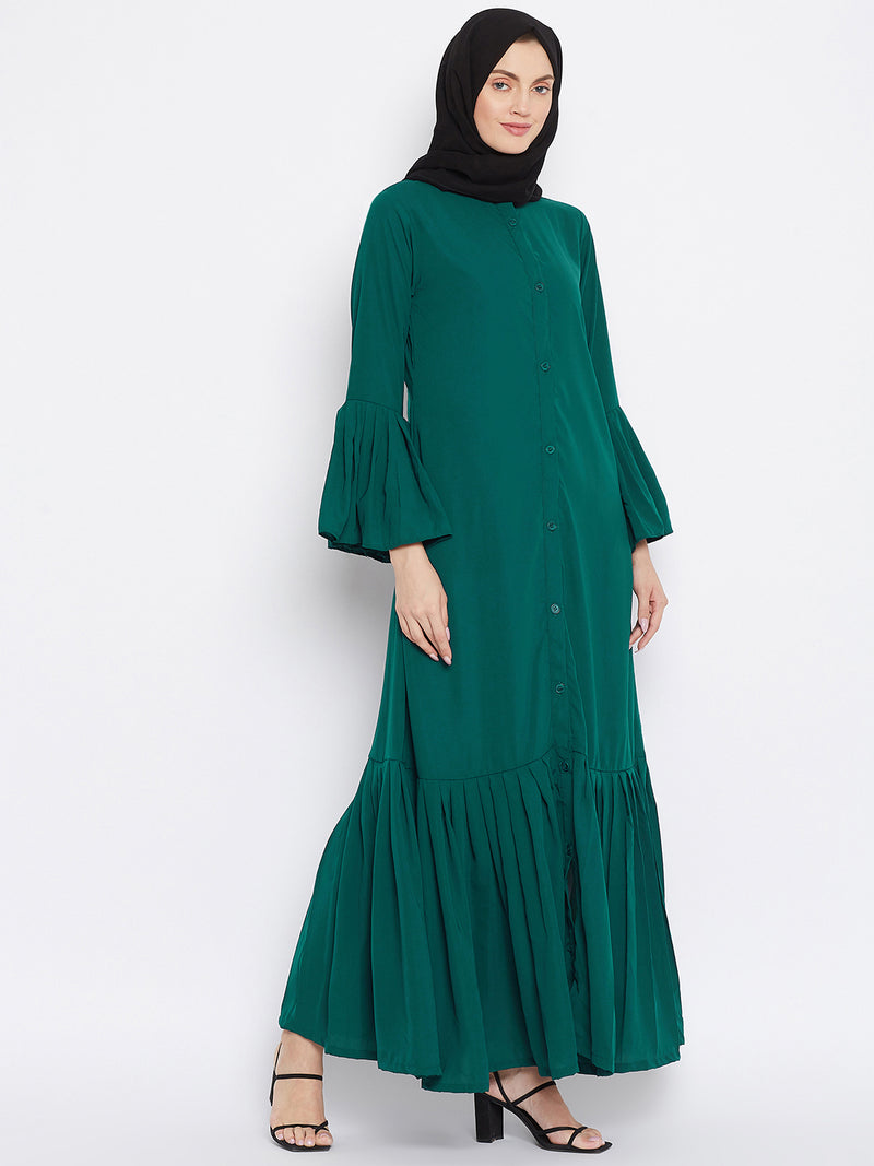 Nabia Women Bottle Green Solid Nida Plated Front Open Abaya With Georgette Scarf
