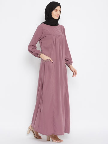 Nabia Women Pink Pocket Embroidery Nida Matte Fabric Abaya with Georgette Scarf