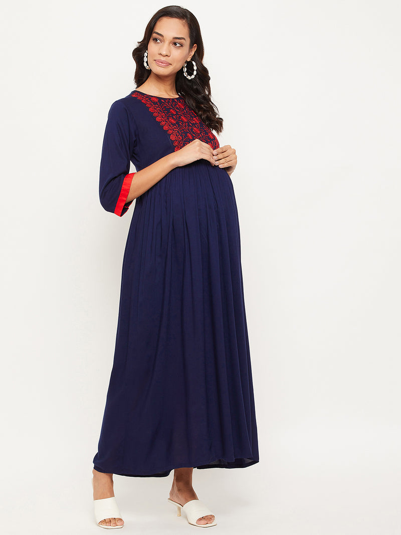 Blue Embroidered Maternity Dress for Women