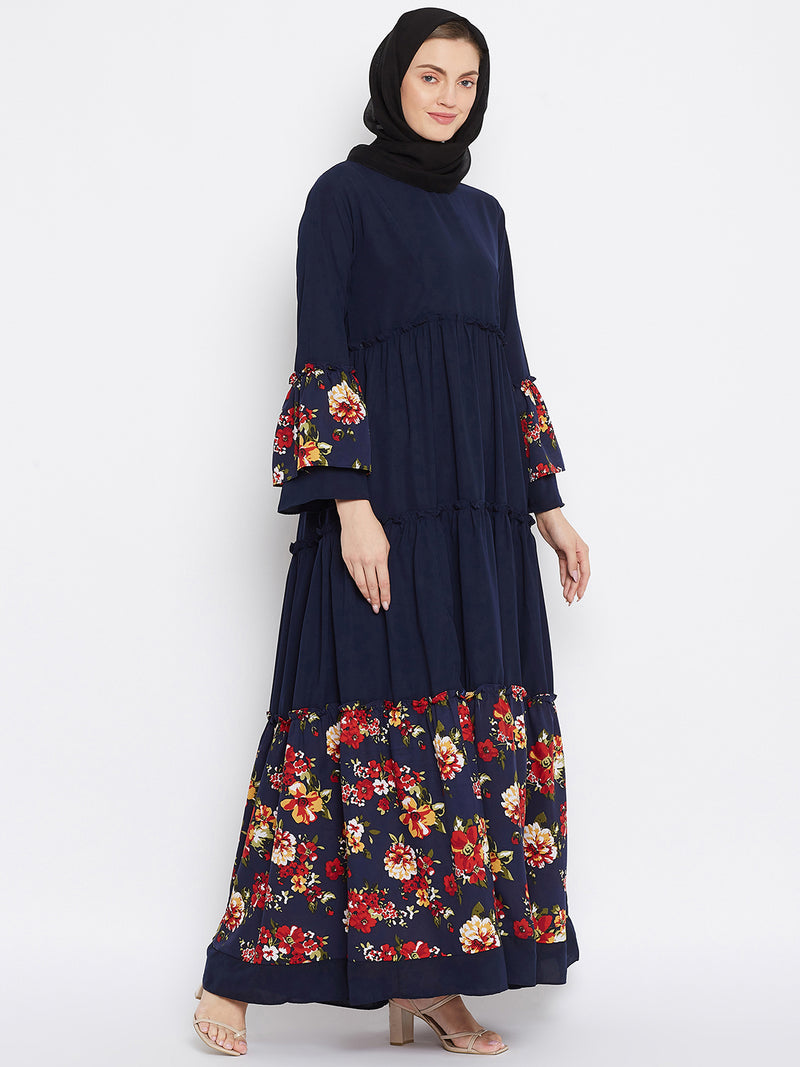 Nabia Women Blue Solid & Floral Printed Nida Matte Frill Abaya With Georgette Scarf