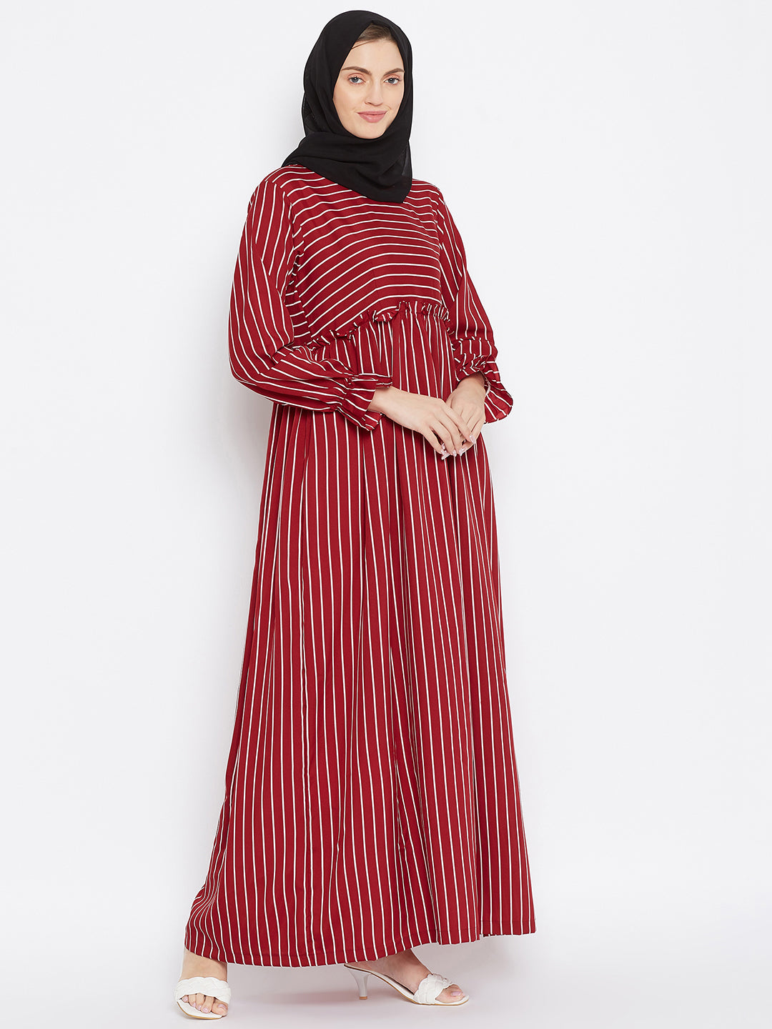 Nabia Maroon Stripe Crepe Abaya Dress with Georgette Scarf