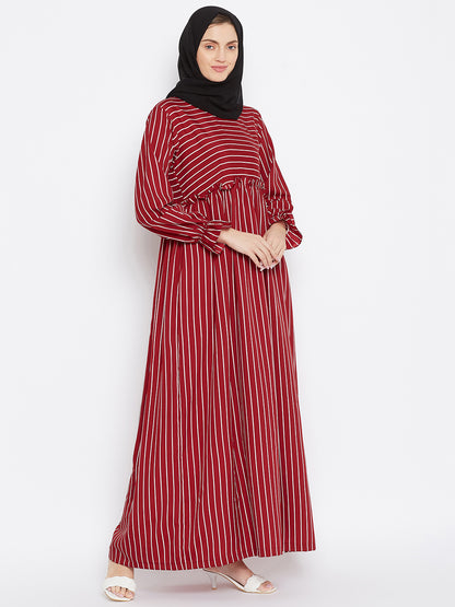 Nabia Maroon Stripe Crepe Abaya Dress with Georgette Scarf